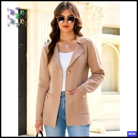 Knit Blazer Women's Business Casual Open Front Lapel Jacket Soft Tailored - Picture 2 of 6